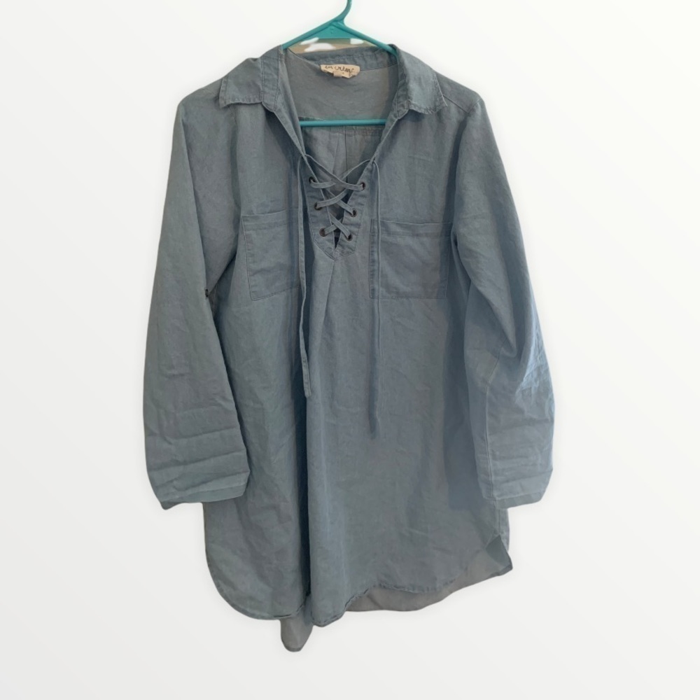En Creme Denim Blouse With Criss Cross Top Size S